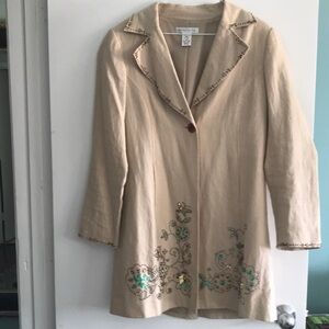Pursuits ltd size 10 embellished linen long jacket tan